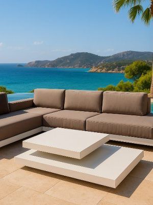 Loungeset Ibiza aluminium versie met wit onderstel en teak afwerking