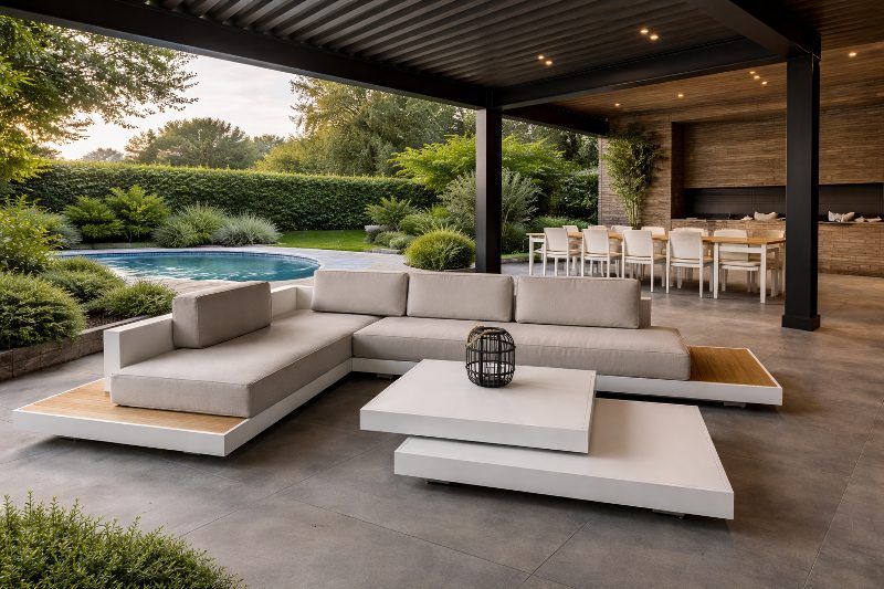 Loungeset Ibiza aluminium versie met wit onderstel en teak afwerking