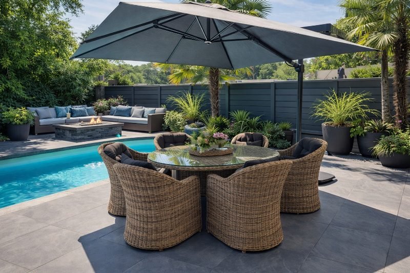 Luxe tuinset Mandelieu met zwarte kussens