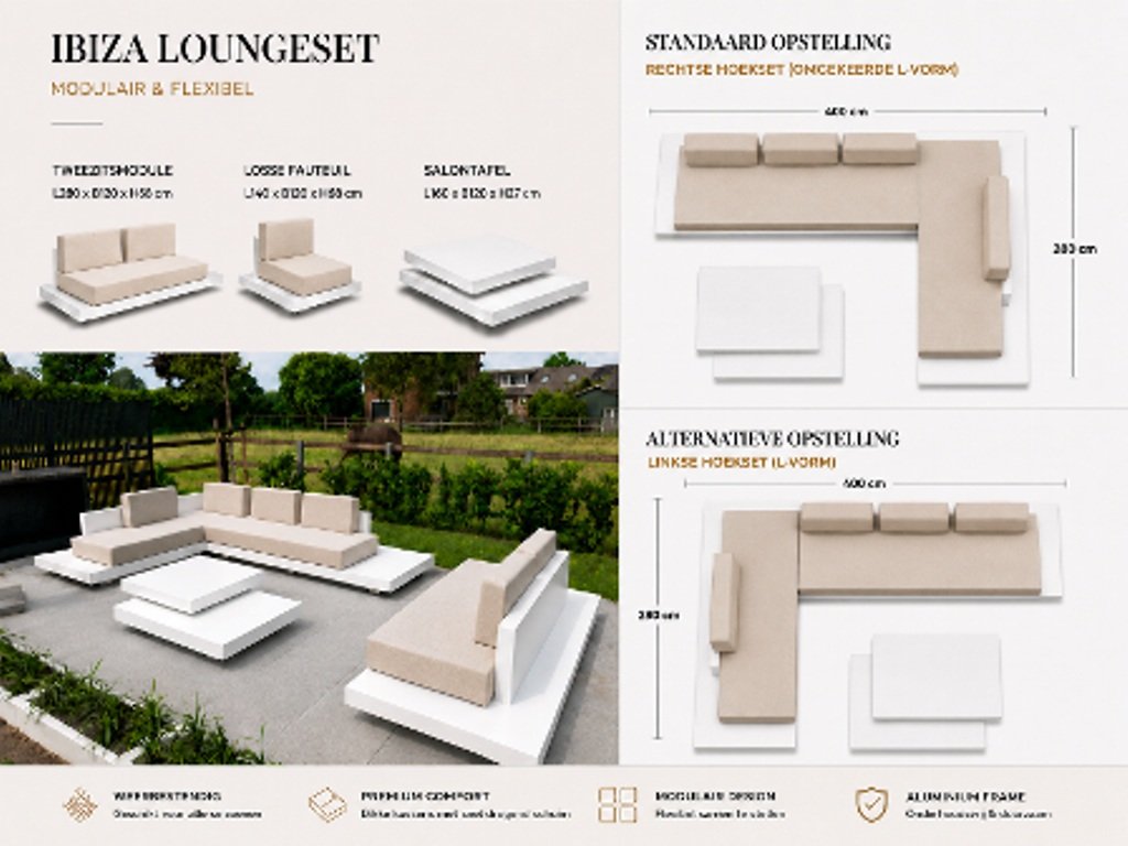 Afmetingen Loungeset Ibiza aluminium en beschikbare modules